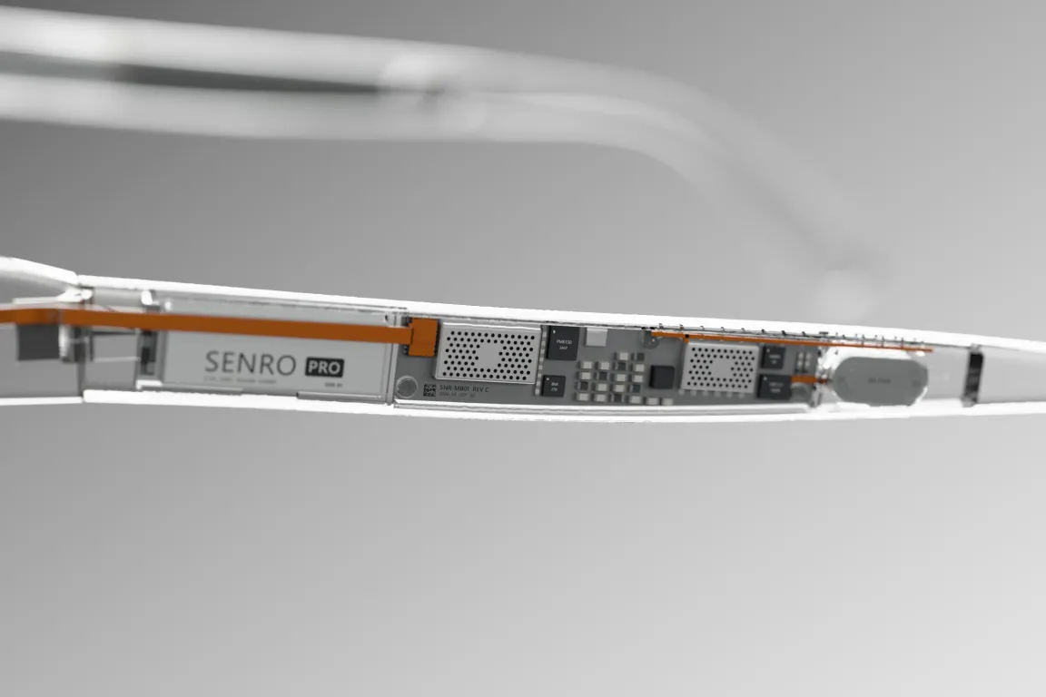 The battery cell inside the temple with the Senro PRO logo.