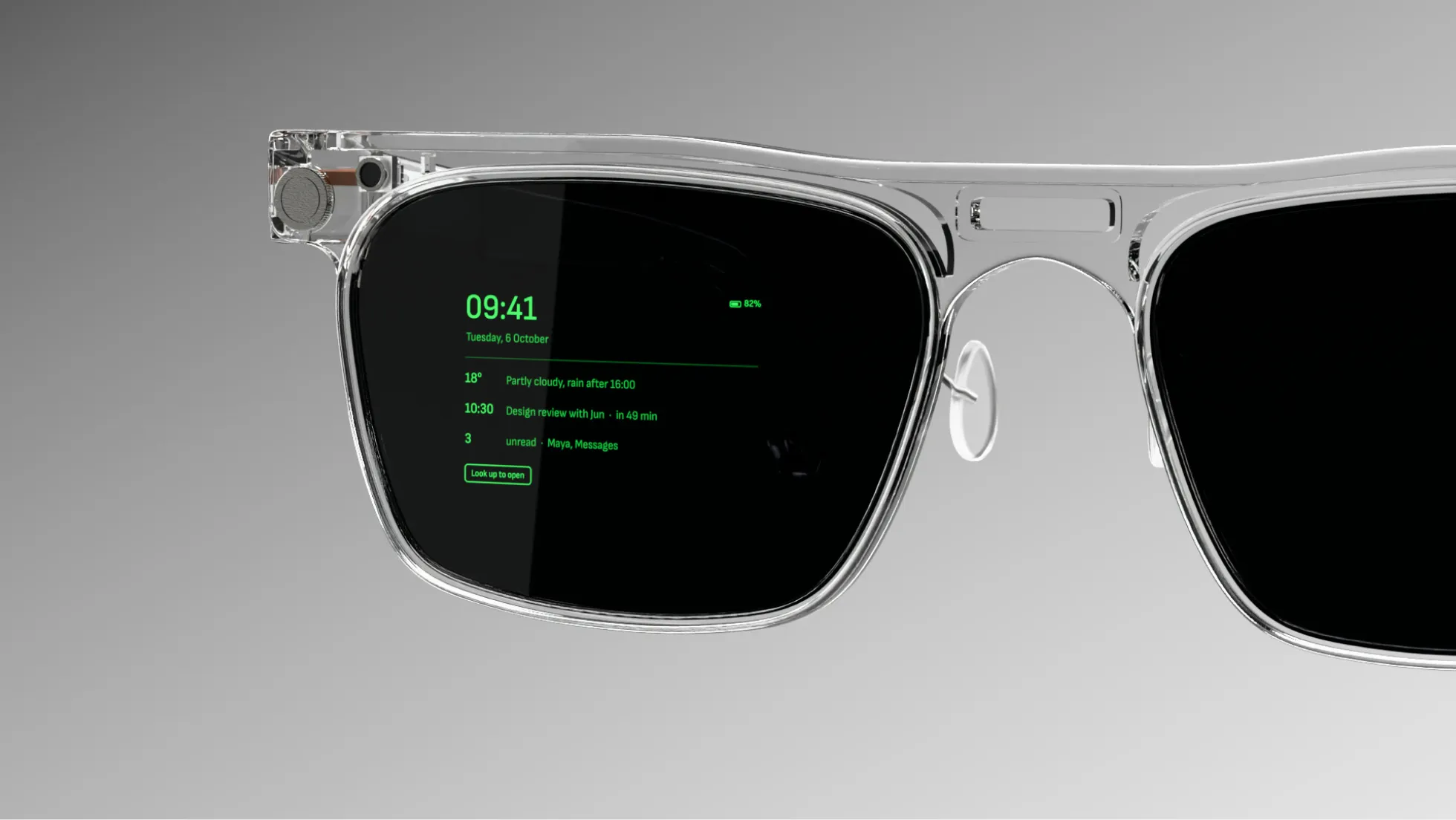 The left lens showing the time and three short lines in green.
