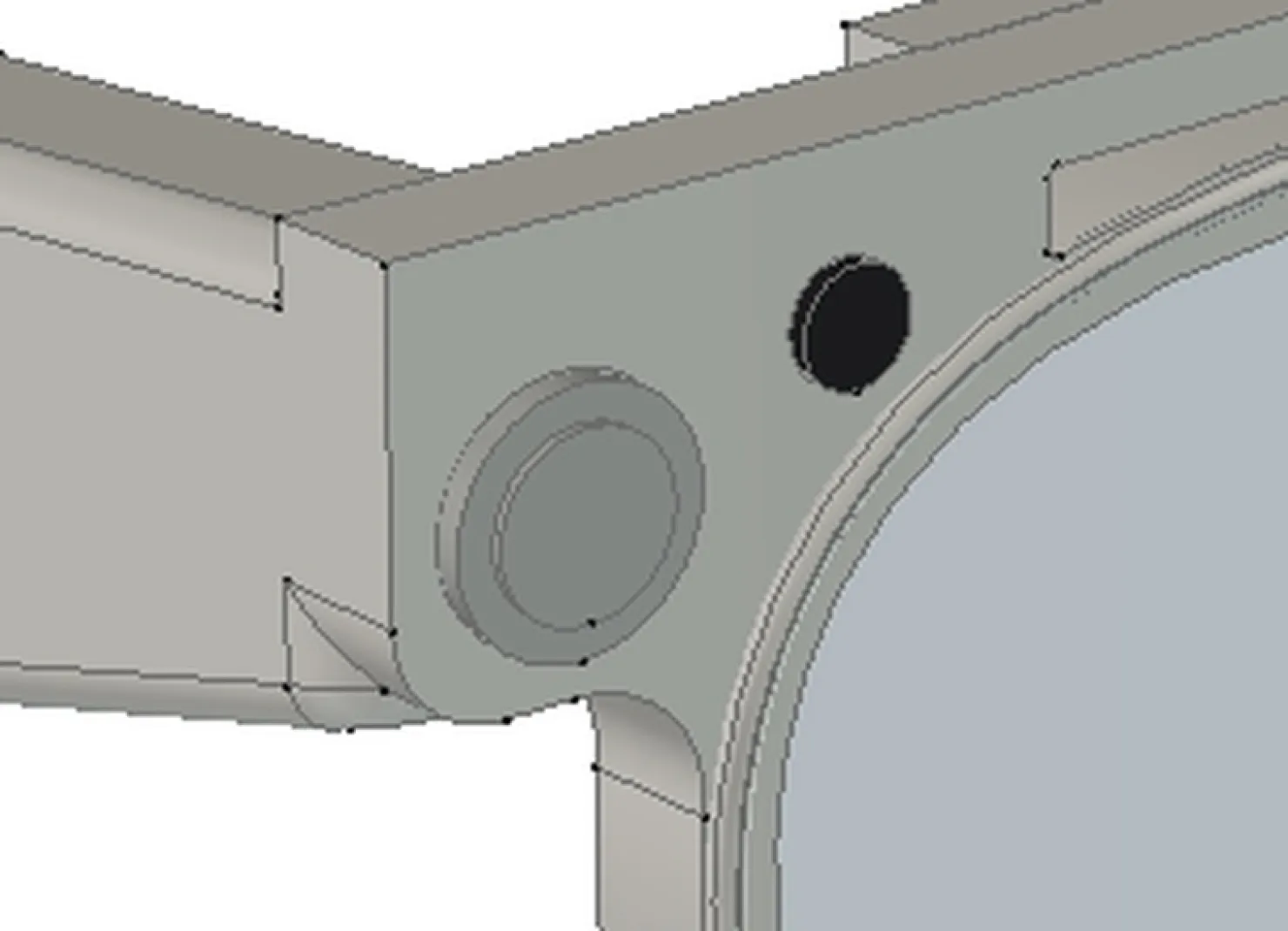 The frame corner in CAD with a sharp tangent edge.