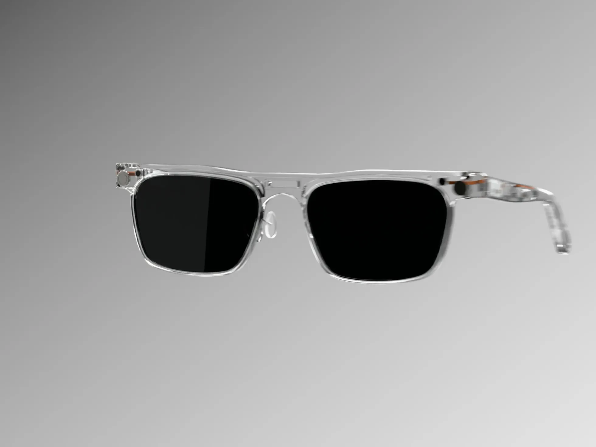 Senro PRO, clear glasses with dark lenses, floating on a grey background.