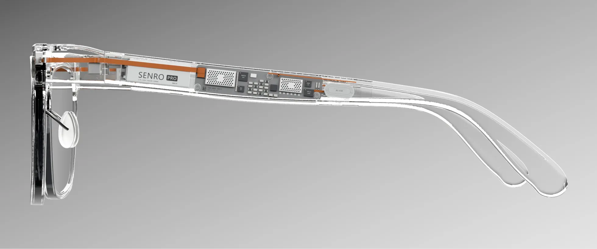 Senro PRO in profile, the board and cell visible through the clear temple.